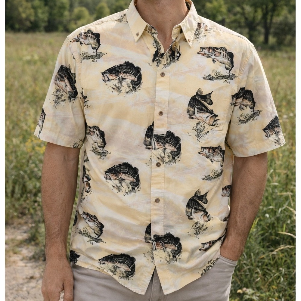 Y2 Redhead‎ Shirt Top Fish Bass Button Up Short Sleeve Medium Men's